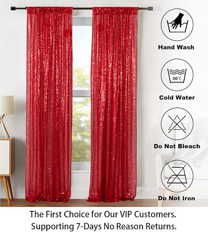 ShinyBeauty Sequin Curtains 2 Panels Red 2FTx8FT Sequin Photo Backdrop Red - Image 6