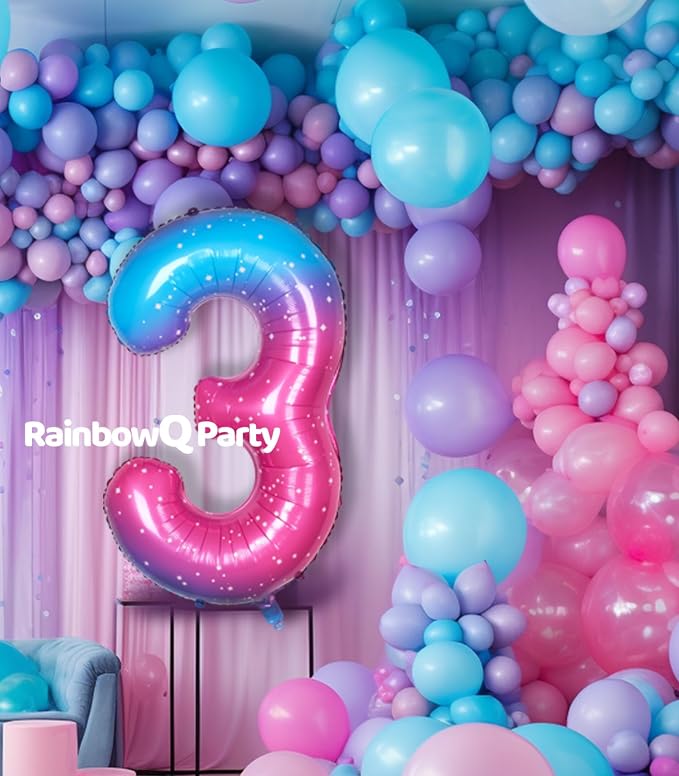 RainbowQ Blue Pink 3 Balloon Number 40 Inch Big 0-10 Foil Large Balloon | - Image 3