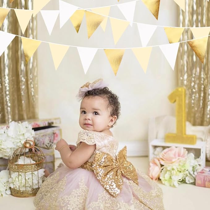 White and Gold Party Decorations Gold Beige White Fabric Triangle Pennant - Image 6