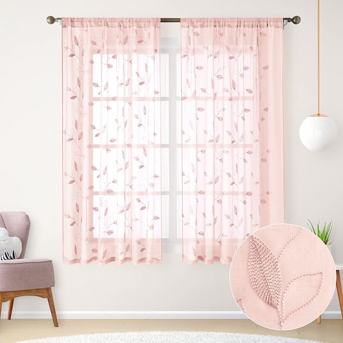 HOMEIDEAS Blush Pink Sheer Curtains 2 Panels Set, Embroidered Leaf, W52xL63 | by HOMEIDEAS