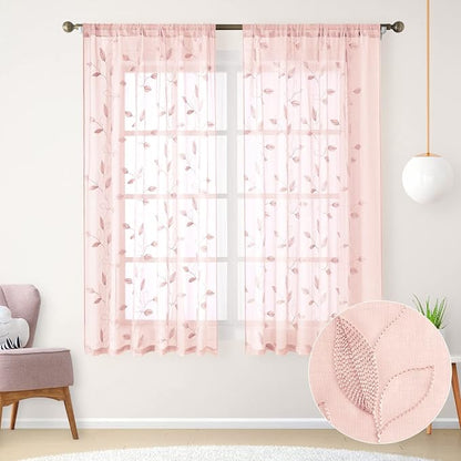 HOMEIDEAS Blush Pink Sheer Curtains 2 Panels Set, Embroidered Leaf, W52xL63 | by HOMEIDEAS