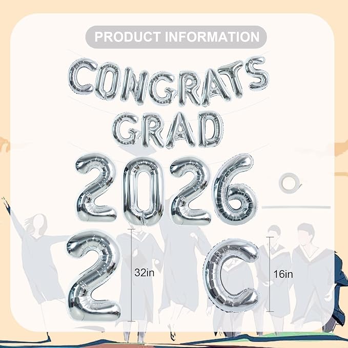 TONIFUL Graduation Balloons 16 Inch Silver Grad Balloons 40 Inch Silver Large - Image 2
