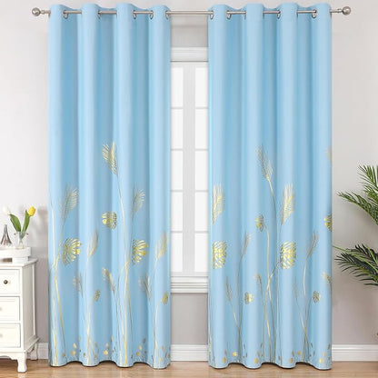 Sky Blue Blackout Curtains for Bedroom, Room Darkening Gold Palm Tree Pattern by ESTELARTEXTILER