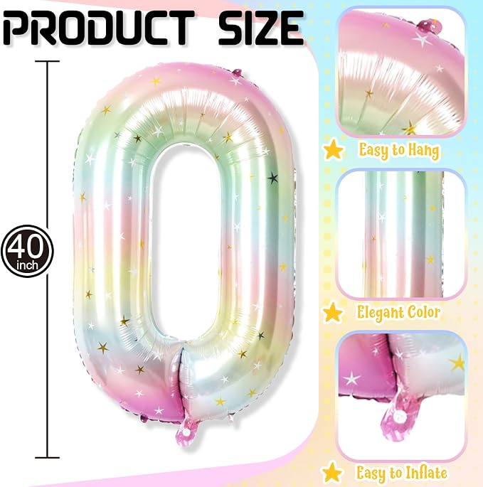40 Inch Rainbow Number Balloon, Large Stars Gradient Multi Color Foil Balloons - Image 2