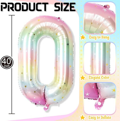 40 Inch Rainbow Number Balloon, Large Stars Gradient Multi Color Foil Balloons - Image 2