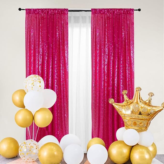 PartyDelight Hot Pink Sequin Backdrop Curtains 2x8ft 4 Panels | Sparkly 3mm - Image 3