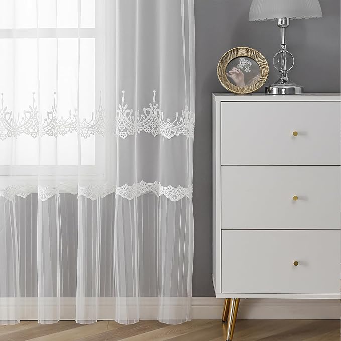 White Sheer Voile Curtains White Embossed European 54Wx96L Inch | Light - Image 6