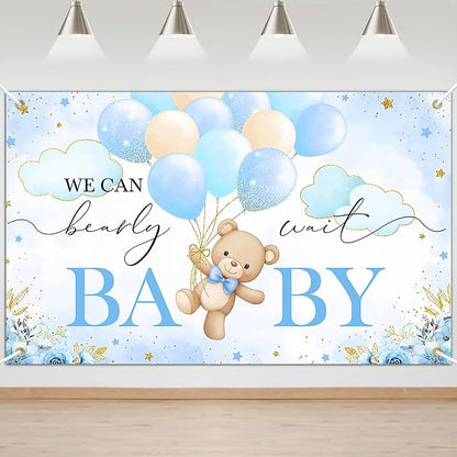 Mocsicka We Can Bearly Wait Backdrop Banner 6x3.6ft | Blue Balloons, Bear Baby by Mocsicka