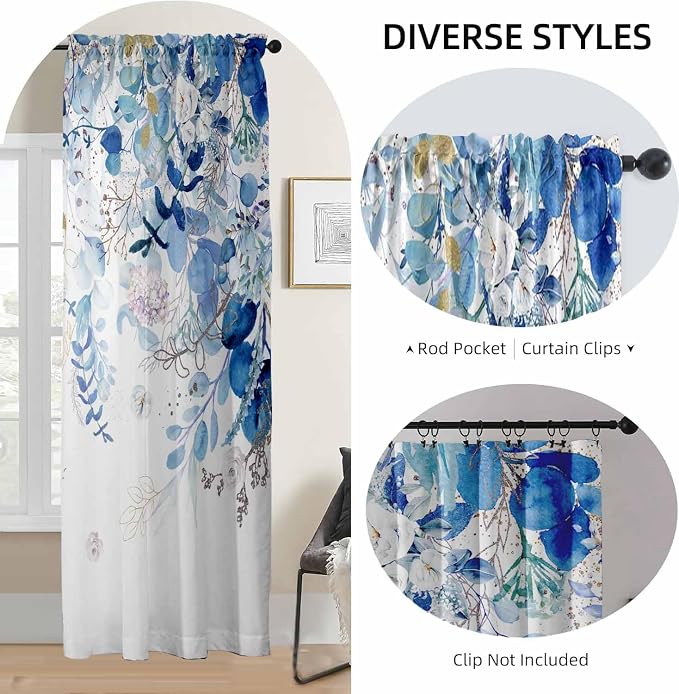 Blue and White Curtains for Living Room Spring Summer Blue Eucalyptus Leaves - Image 7