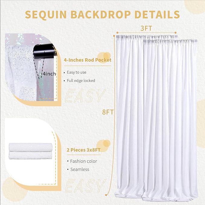 3x8FT White Backdrop Curtains 2 Panels White Wedding Sequin Fabric Drapes | - Image 4