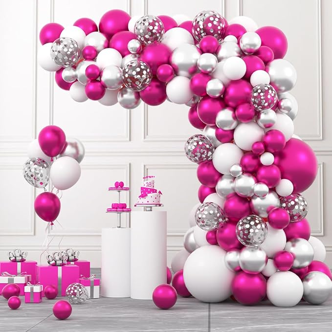 Magenta Hot Pink Silver Balloons Garland Arch - Image 6