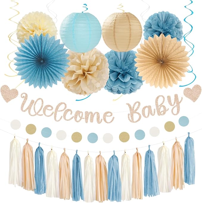 Light-Dusty Blue Beige-Champagne Baby-Shower Party-Decorations by Burgleda