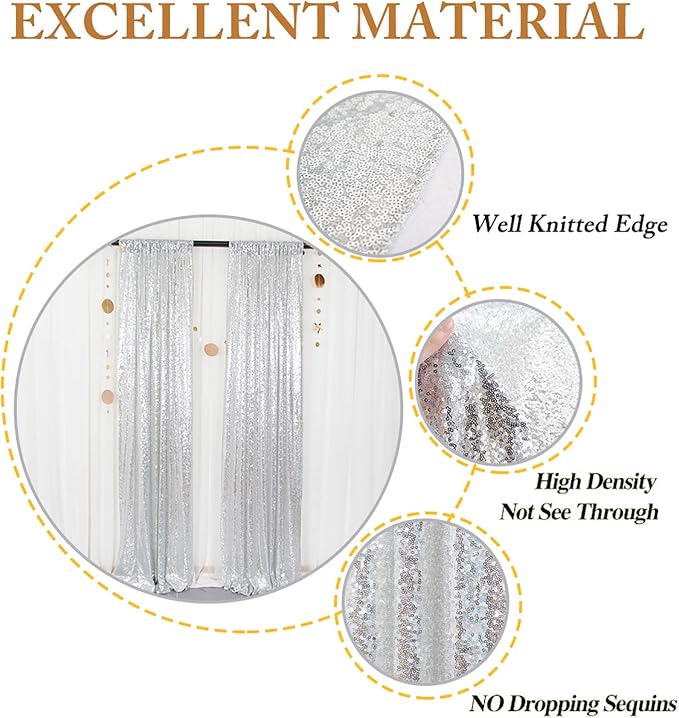 ShinyBeauty Silver Backdrops 2 Pieces Sequin Curtains 4FTx7FT Photoshoot - Image 4