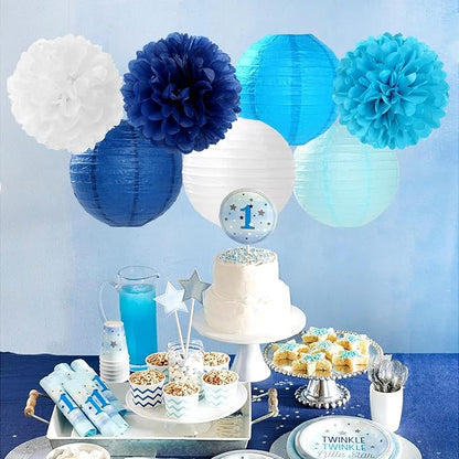 Blue-White Birthday Party-Decorations Paper-Flowers Lanterns - Image 3