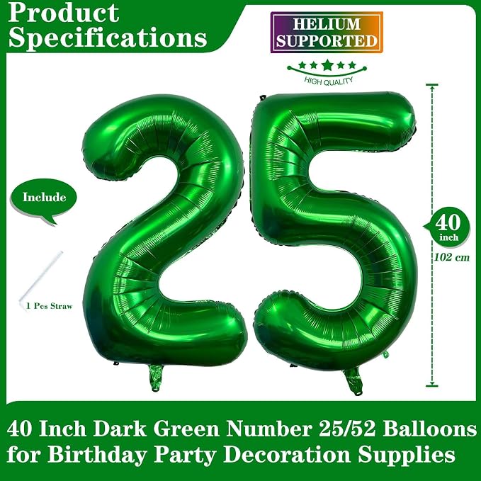 Dark Green 25 Number Balloons, 40 Inch Giant Number 25 Balloons Foil Mylar - Image 2