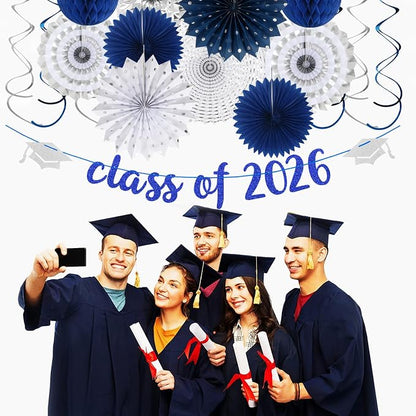 Navy-Blue Silver Party-Decorations Graduation Banner-Streamers - Image 4