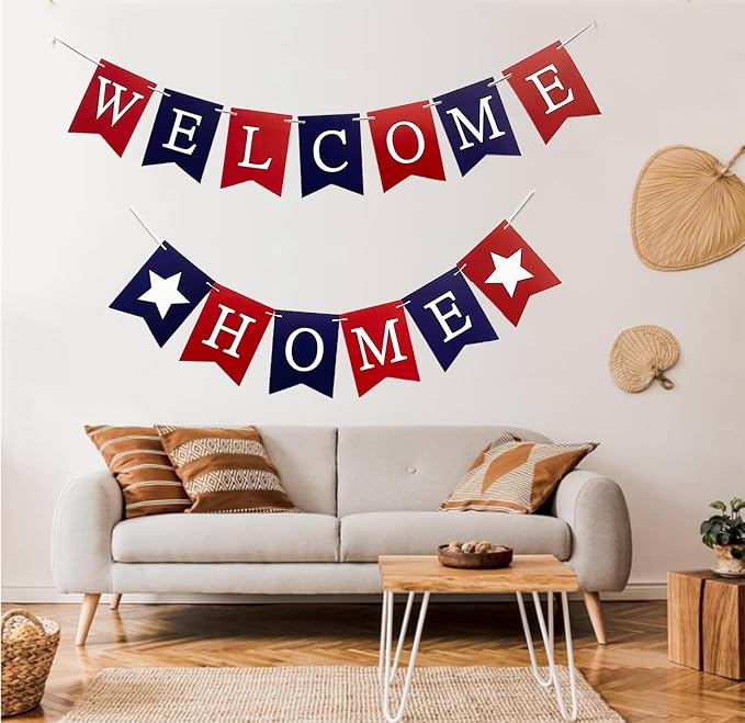 Welcome Home Banner Decorations Glitter Red Blue Bunting Backdrop - Image 2