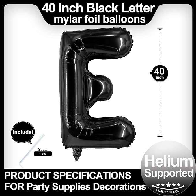 40 Inch Black Letter E Balloons, DIY Phrase Foil Alphabet Letter E Balloons DIY - Image 2