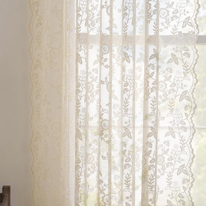 FINECITY Beige Lace Curtains for Living Room Floral 52 x 84 Inch, 2 Panels | - Image 7