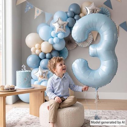 Baby Blue Number 3 Balloon 40 Inch, Sky Pastel Foil Numeral Party Supplies | - Image 2