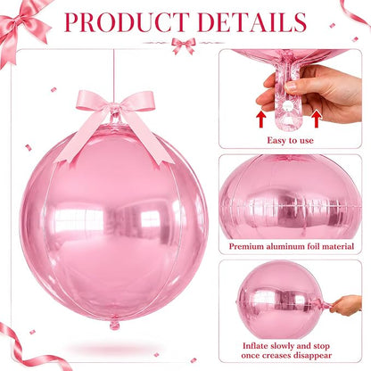 Pink Round Foil Balloons with Satin Bows Ribbon - Image 3