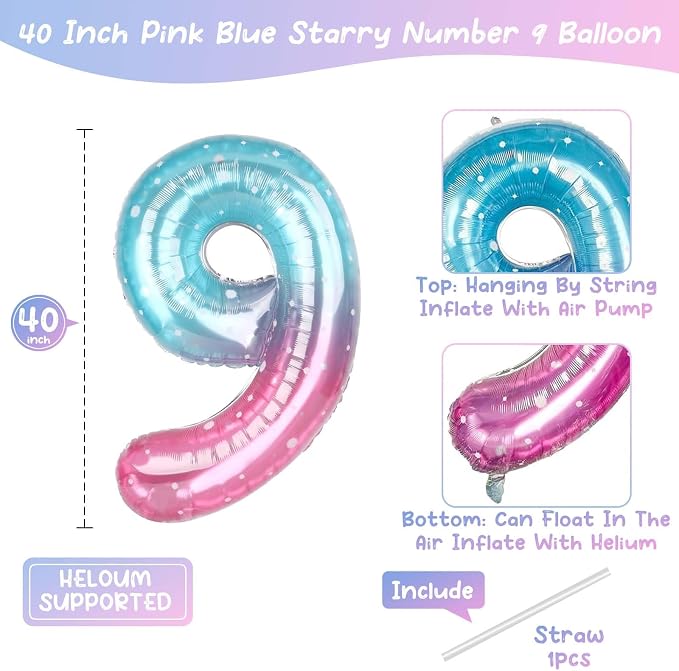40 Inch Pink Blue Number 9 Balloon, Large Gradient Foil 9 Balloon - Image 4