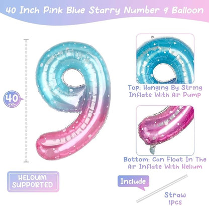 40 Inch Pink Blue Number 9 Balloon, Large Gradient Foil 9 Balloon - Image 4