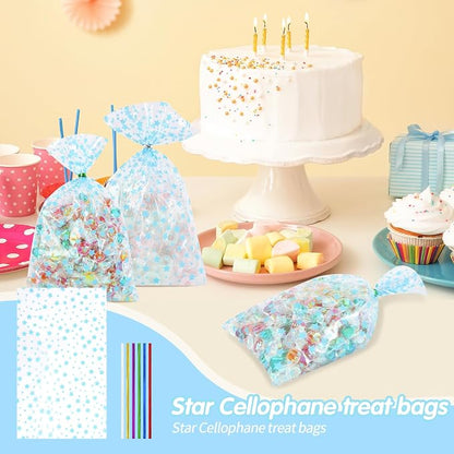 COQOFA 100 Pcs 7"X12" Blue Star Printed Clear Gift Cellophane Treat Bag Party - Image 5