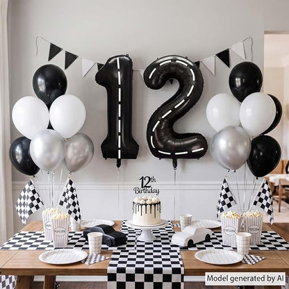 Black and White Stripes Number 12 Balloon 40 Inch, Foil Road Numeral | - Image 3