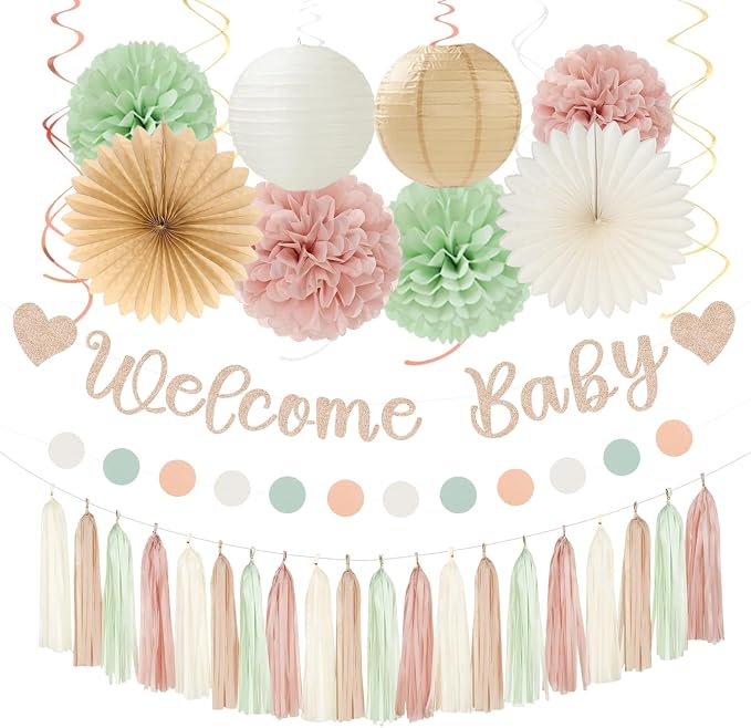 Sage-Green Pink-Beige Baby-Shower Party-Decorations by Burgleda