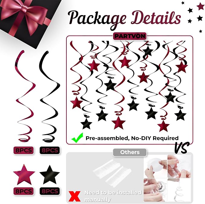 Burgundy Black Hanging Swirl Decorations 32ct - Image 3