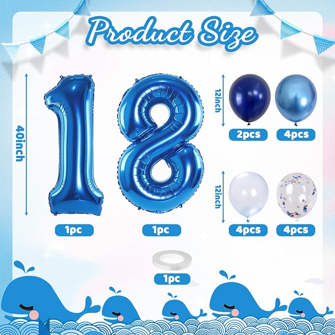 Navy Blue 18 Balloons, 40 Inch Dark Blue Foil Number 18 Balloon Set, XXL Self - Image 2