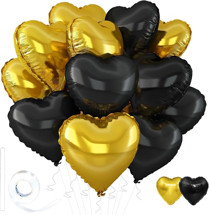 Gold-Black Heart Balloons, 18inch Gold Heart Shaped Foil Balloons & Black Foil by Wuhetyo