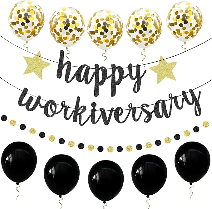 Happy Workiversary Banner Black Gold Glitter Work Anniversary Party Decorations by PEIQICHU