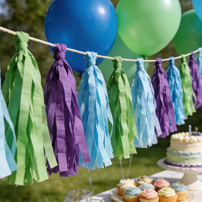 We Moment Blue Green Purple Tissue Paper Tassels Party Tassel Garland Banner - Image 5