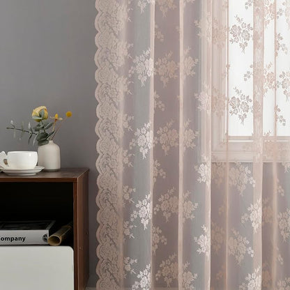 Kotile Blush Pink Floral Lace Curtains - Image 4