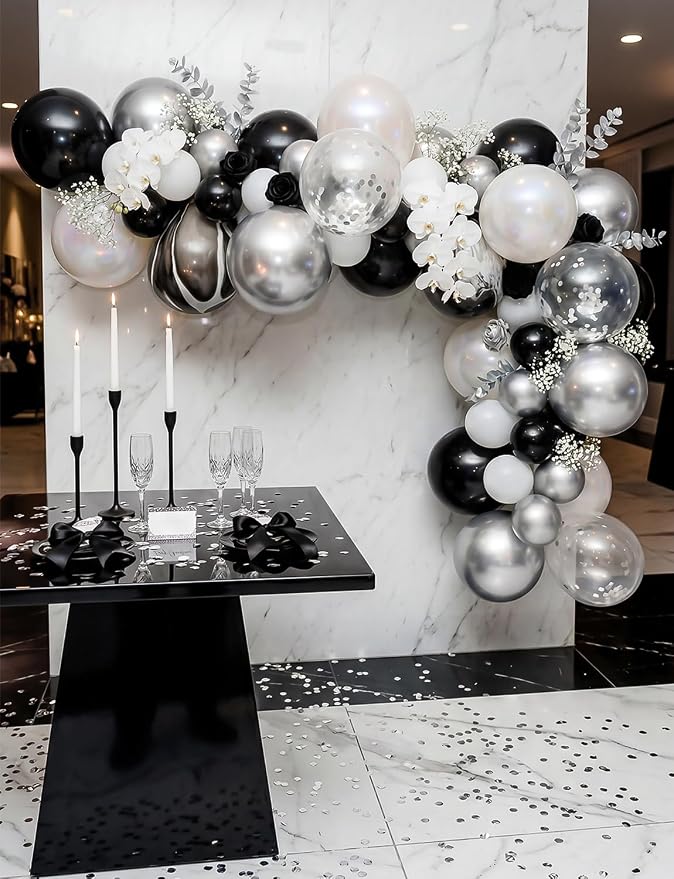 Black and Silver Balloons, Glitter Confetti Latex Balloon - Image 3
