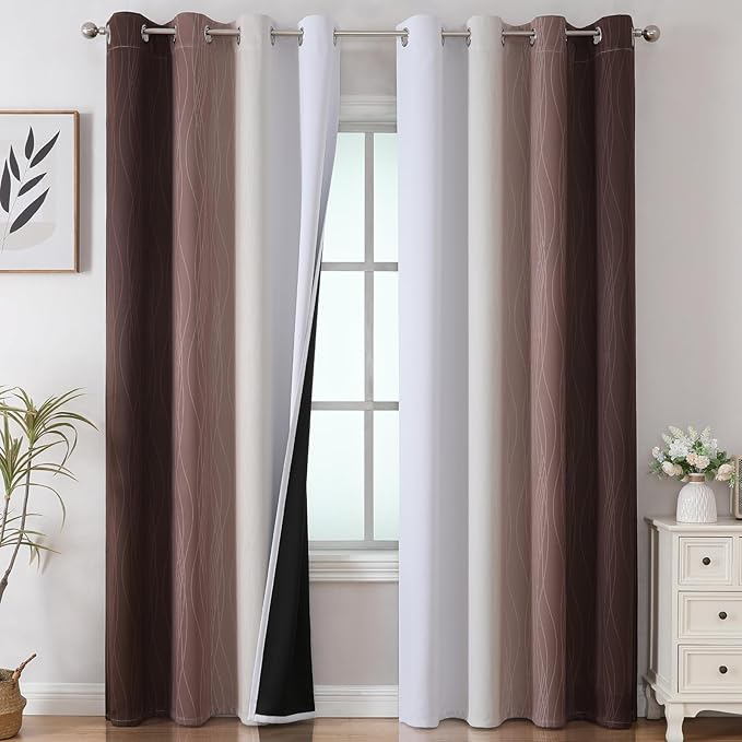Brown and Greyish White Gradient Blackout Curtains 102 Inches Long by ESTELARTEXTILER