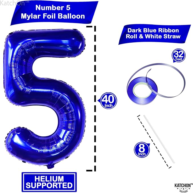 KatchOn Navy Blue Number 5 Balloon 40 Inch | 5th Birthday Decorations - Image 2