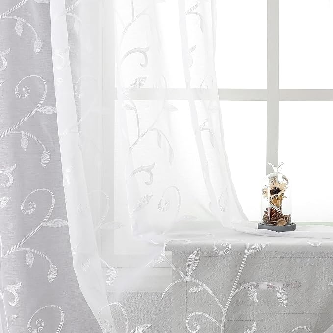 White Sheer Curtains Embroidered Leaves 2 Panels 54Wx96L | Light Filtering by VISIONTEX