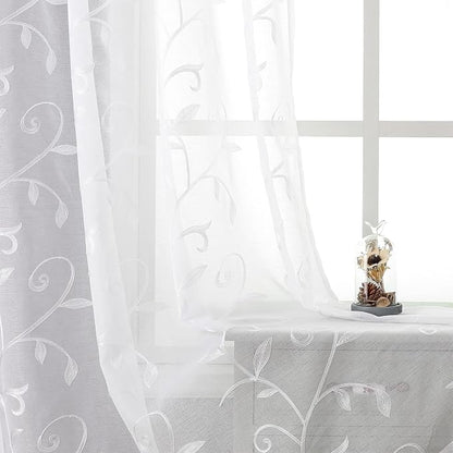 White Sheer Curtains Embroidered Leaves 2 Panels 54Wx96L | Light Filtering by VISIONTEX