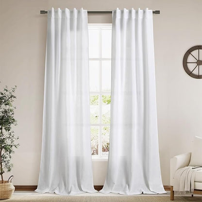 Linen White Curtains 96 Inches Long 2 Panels Set Back Tab Rod Pocket Semi Sheer by Nanspring