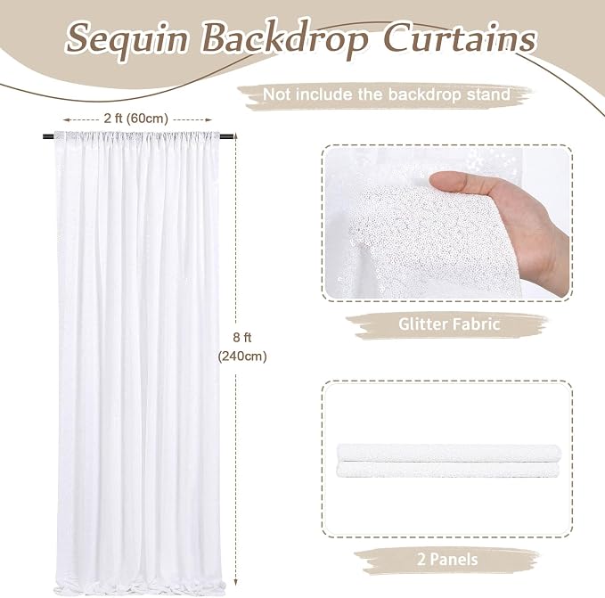 White Sequin Backdrop Curtains-2 Panels 2FTx8FT White Backdrop - Image 4