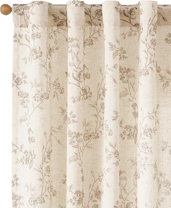 jinchan Taupe Floral Linen Curtains 90 Inch Farmhouse Back Tab 2 Panels | - Image 3
