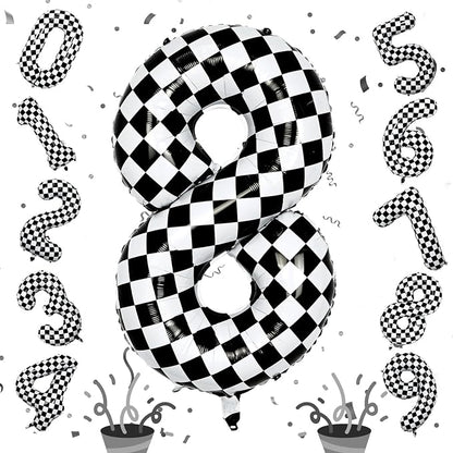 Foil 8th Birthday Number Balloon, Large Checkered Helium 8 Racing Balloons Decor by Isndare