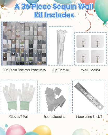Silver Shimmer Wall Backdrop 36 Panels Cover 6 x 6 Ft, Photo Backdrops - Image 2