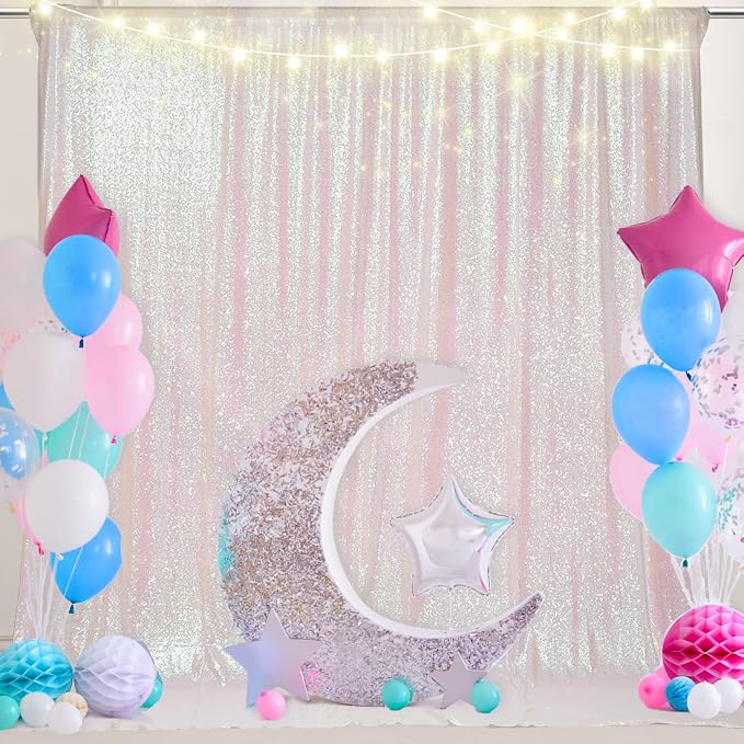 PartyDelight Iridescent White Sequin Backdrop 7x7ft Shimmer Photo Curtain | 4 - Image 2