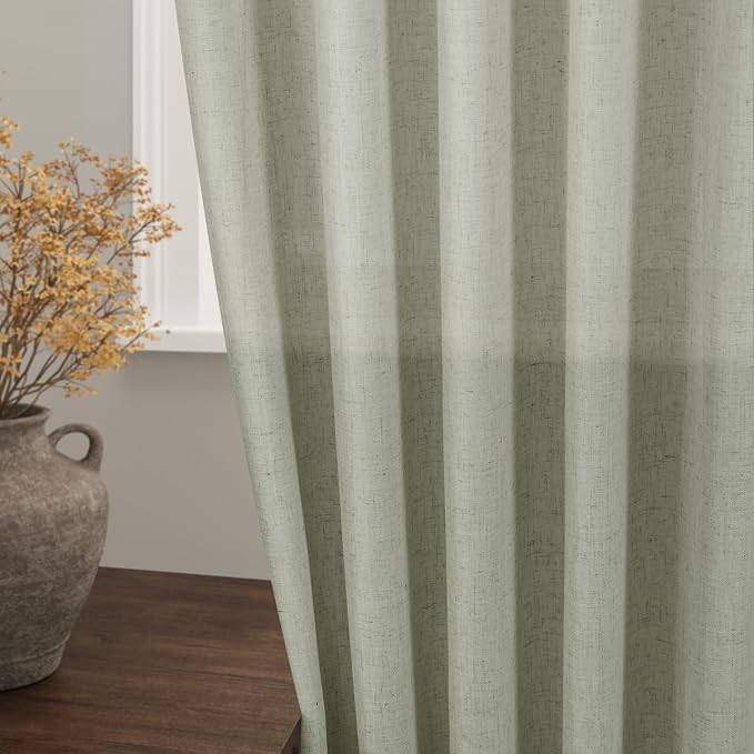 Sage Green Semi Sheer Curtains 108 Inches Long 2 Panels Set Back Tab Loop - Image 2