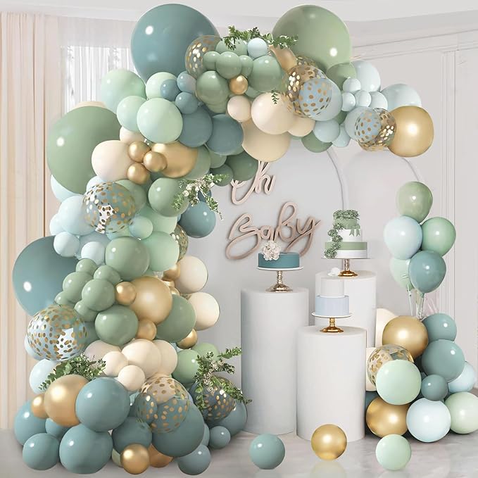 Dusty Blue Sage Green Balloon Arch Kit, Sand White Gold Confetti | Pastel Blue by Zesliwy