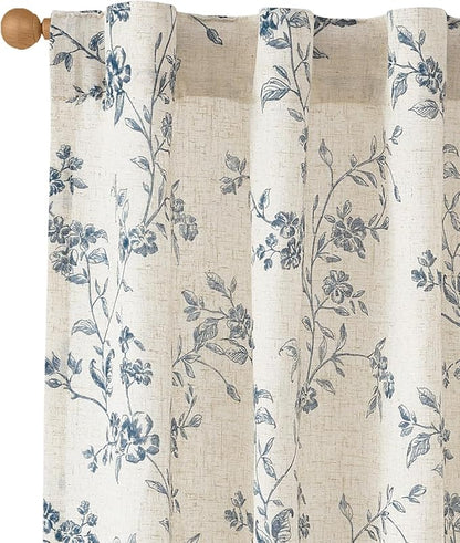 jinchan Blue Floral Linen Curtains 96 Inch French Country Back Tab 2 Panels | - Image 2